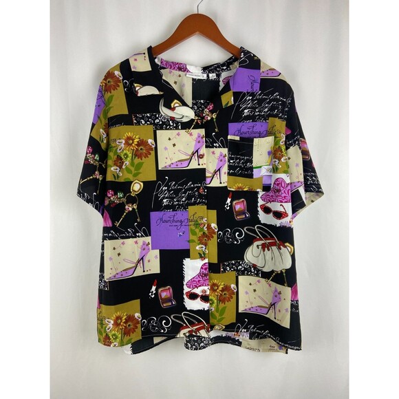 Susan Graver Women's 1X Top Fashion Girl Print Button Up Artsy Art To Wear Bold - Picture 1 of 9
